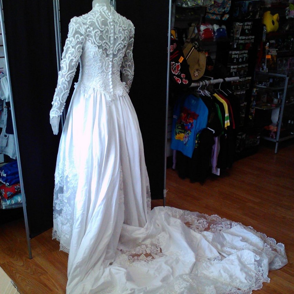 Satin and Lace Long Sleeve Wedding Dress with 6ft Train Beaded Lace Bodice